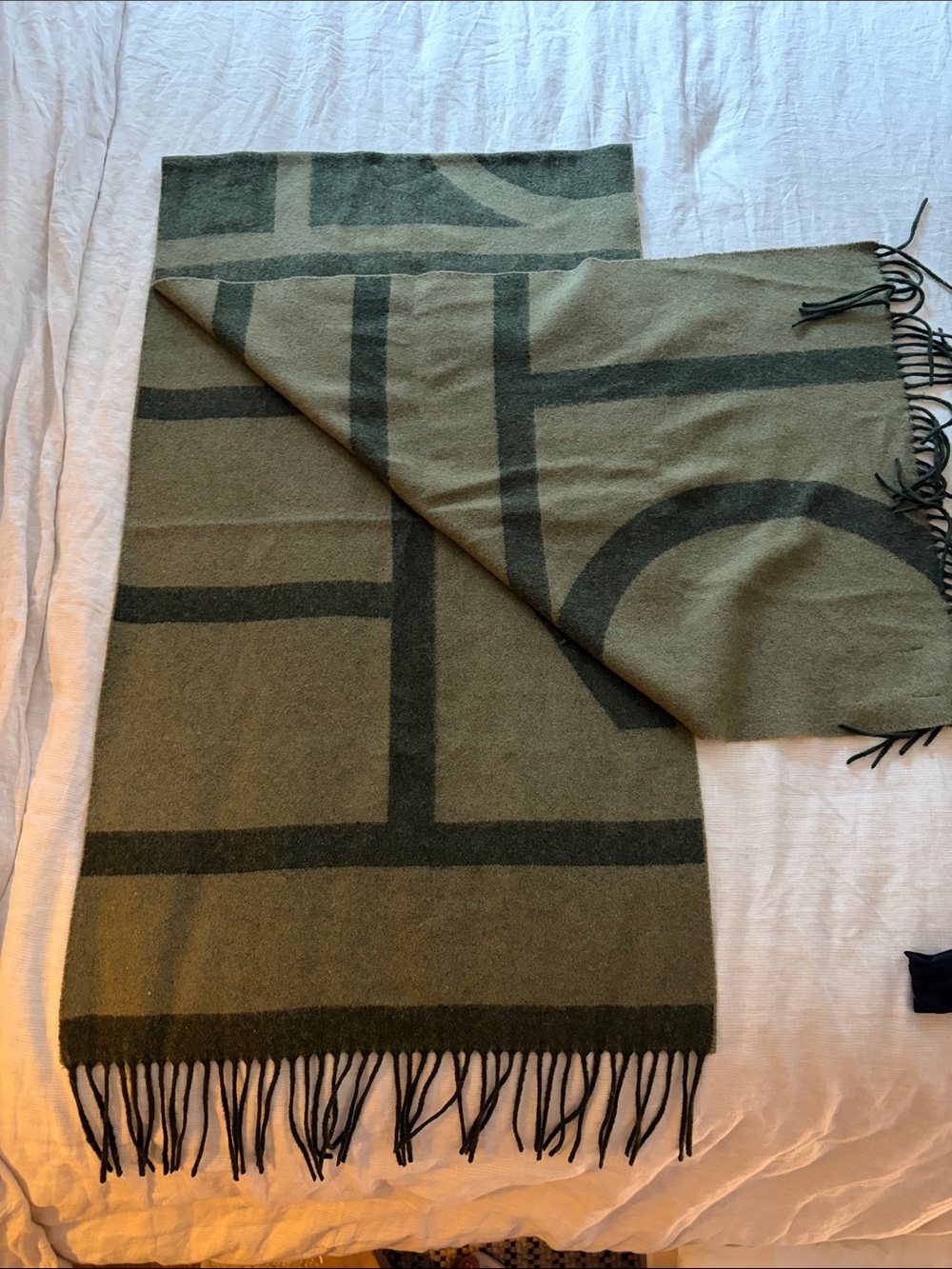 Toteme Two-Tone Olive Logo Wool Scarf with Fringe